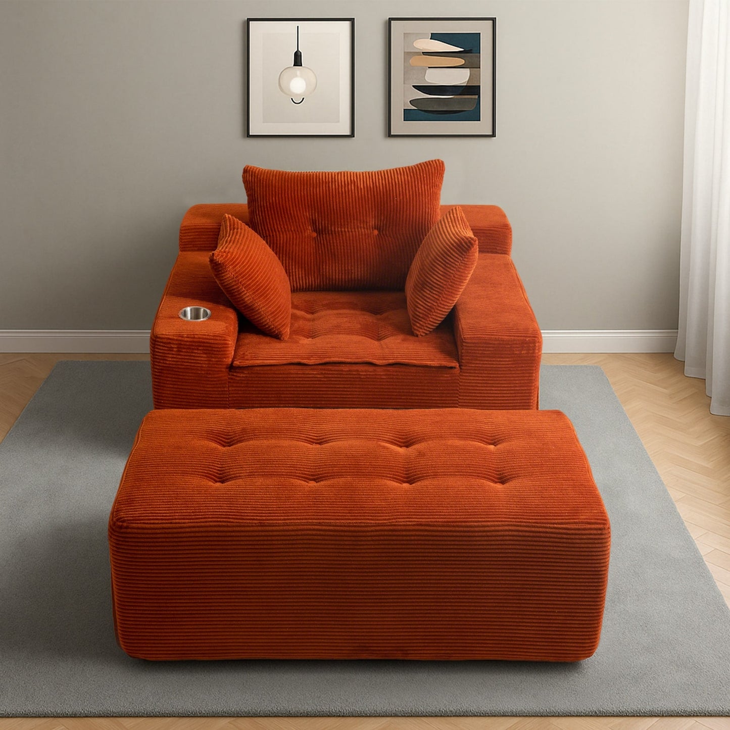 Canapé en mousse à mémoire de forme recouvert de velours côtelé avec pouf, canapé-lit en forme de haricot recouvert de tissu - 123 x 172 x 62 cm (LxlxH)