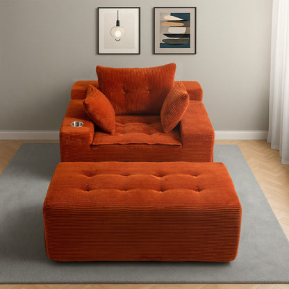 Canapé en mousse à mémoire de forme recouvert de velours côtelé avec pouf, canapé-lit en forme de haricot recouvert de tissu - 123 x 172 x 62 cm (LxlxH)