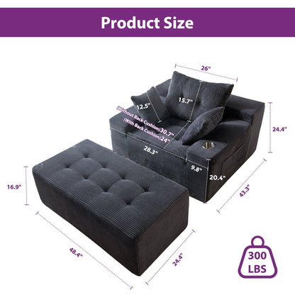 Canapé en mousse à mémoire de forme recouvert de velours côtelé avec pouf, canapé-lit en forme de haricot recouvert de tissu - 123 x 172 x 62 cm (LxlxH)