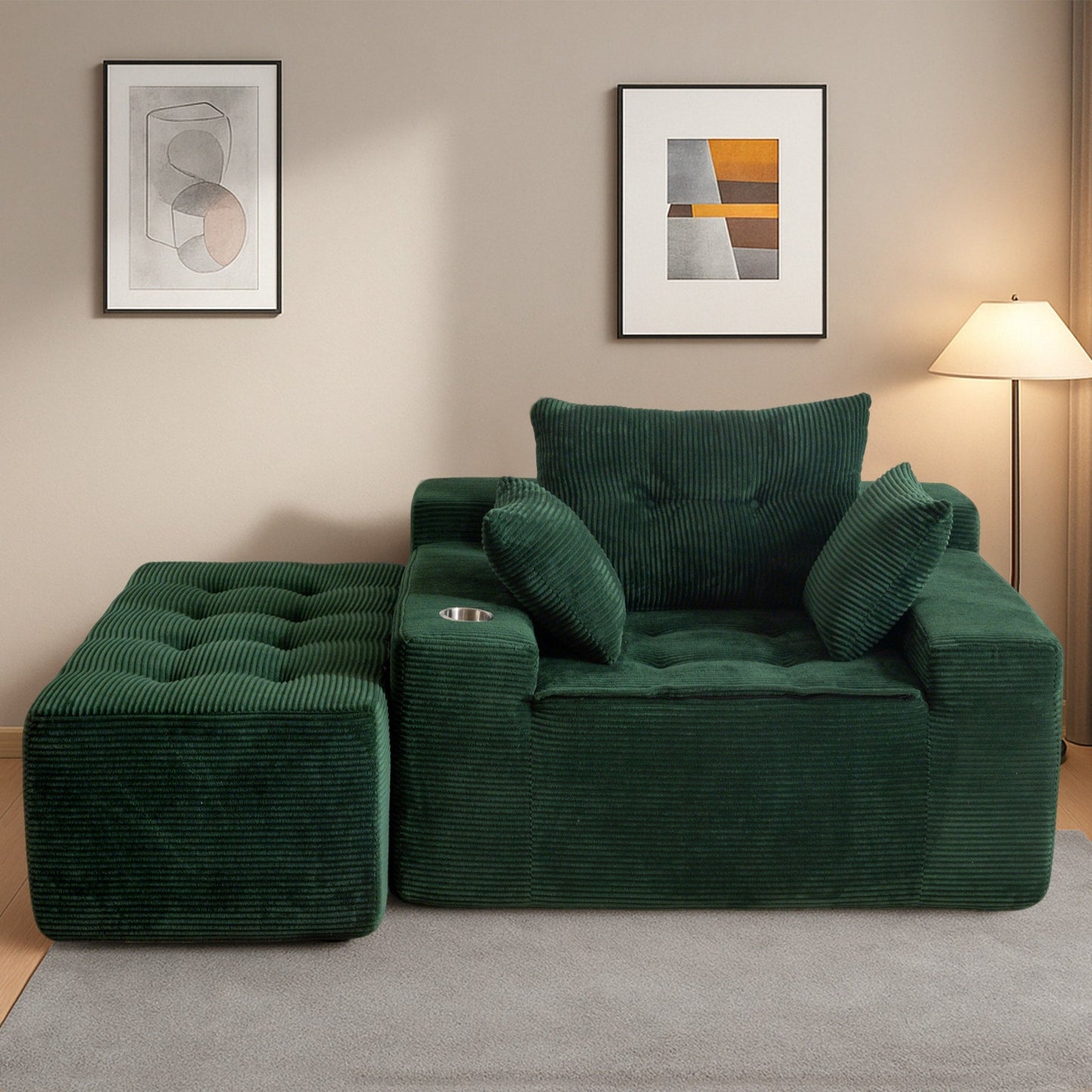 Canapé en mousse à mémoire de forme recouvert de velours côtelé avec pouf, canapé-lit en forme de haricot recouvert de tissu - 123 x 172 x 62 cm (LxlxH)