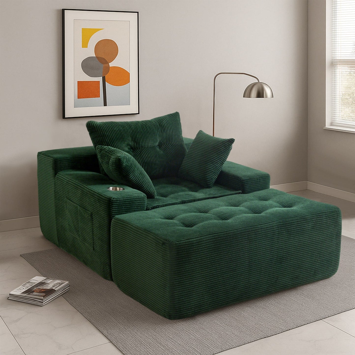 Canapé en mousse à mémoire de forme recouvert de velours côtelé avec pouf, canapé-lit en forme de haricot recouvert de tissu - 123 x 172 x 62 cm (LxlxH)