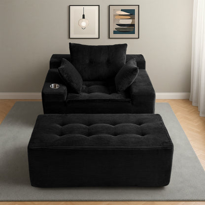 Canapé en mousse à mémoire de forme recouvert de velours côtelé avec pouf, canapé-lit en forme de haricot recouvert de tissu - 123 x 172 x 62 cm (LxlxH)