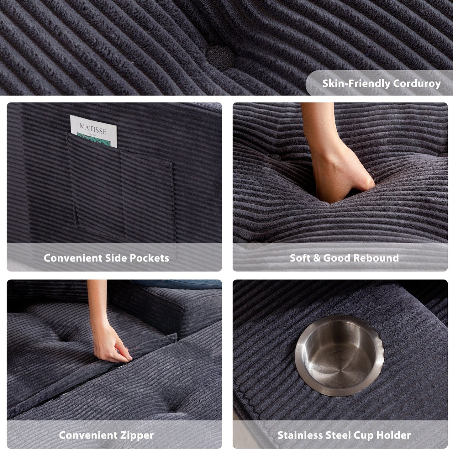 Canapé en mousse à mémoire de forme recouvert de velours côtelé avec pouf, canapé-lit en forme de haricot recouvert de tissu - 123 x 172 x 62 cm (LxlxH)