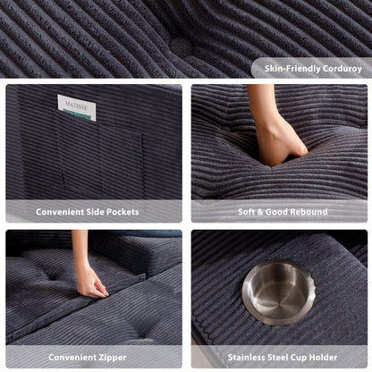 Canapé en mousse à mémoire de forme recouvert de velours côtelé avec pouf, canapé-lit en forme de haricot recouvert de tissu - 123 x 172 x 62 cm (LxlxH)