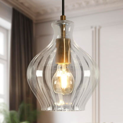 Suspension en laiton Coria, style moderne du milieu du siècle, 1 lumière, lampe d'îlot de cuisine chic, abat-jour cannelé, salle à manger.