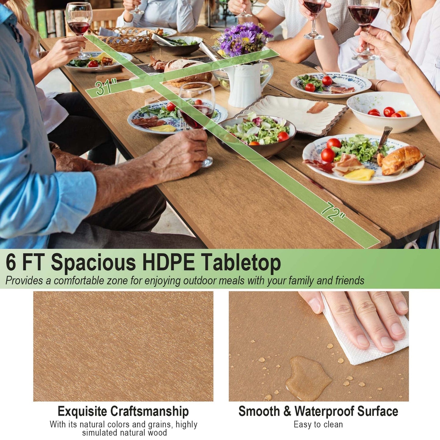 Ensemble table et banc de pique-nique Costway 6 pi, pour extérieur, en HDPE, très résistant - Voir les détails