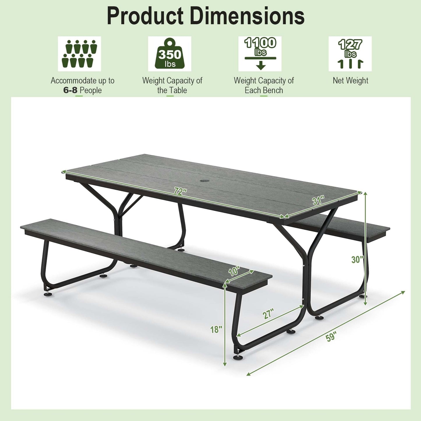 Ensemble table et banc de pique-nique Costway 6 pi, pour extérieur, en HDPE, très résistant - Voir les détails