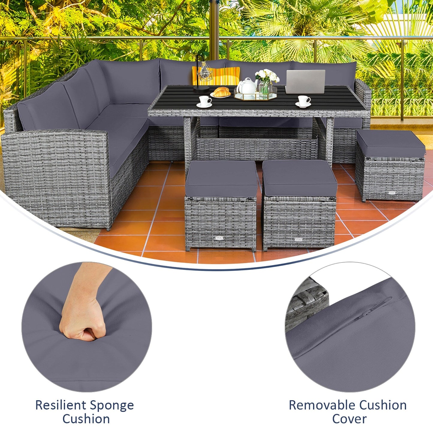 Ensemble de meubles de jardin en rotin Costway 7 pièces, canapé d'angle, pouf - Voir les détails
