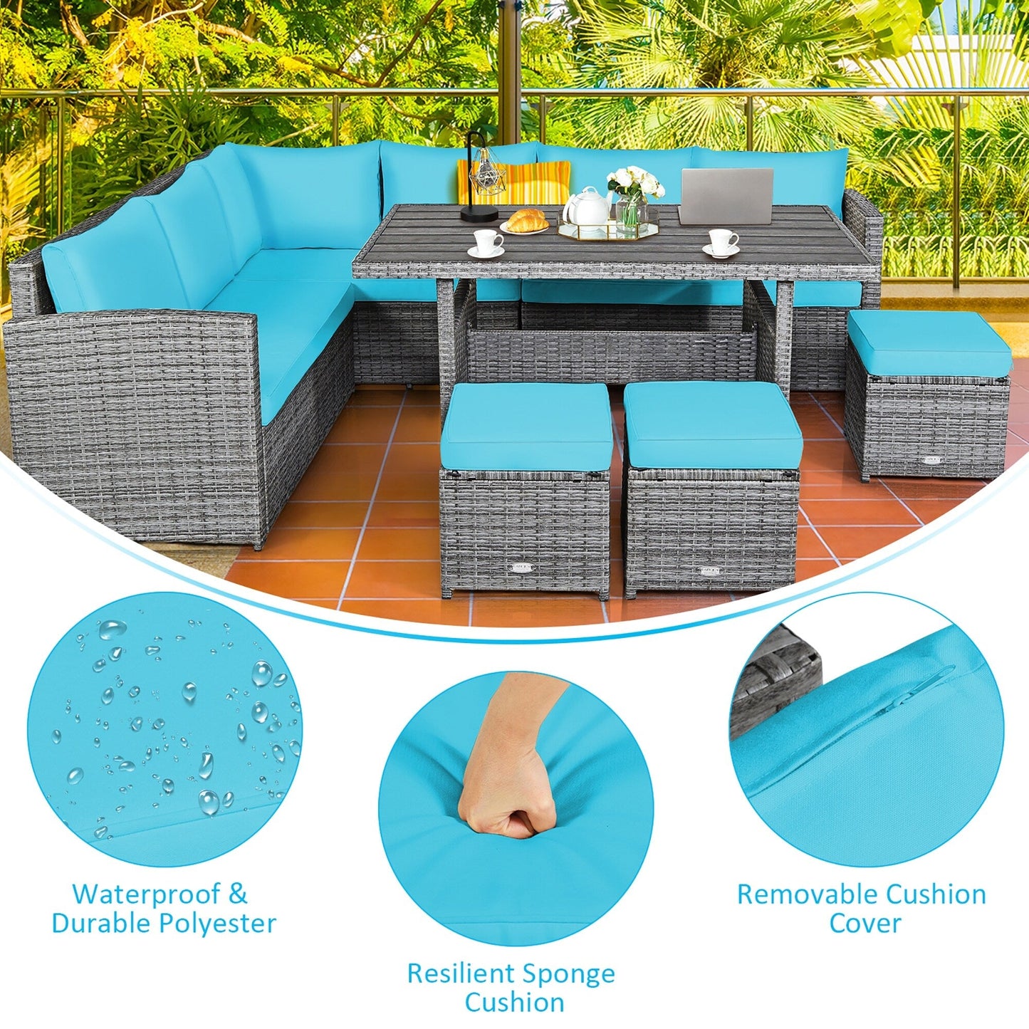 Ensemble de meubles de jardin en rotin Costway 7 pièces, canapé d'angle, pouf - Voir les détails