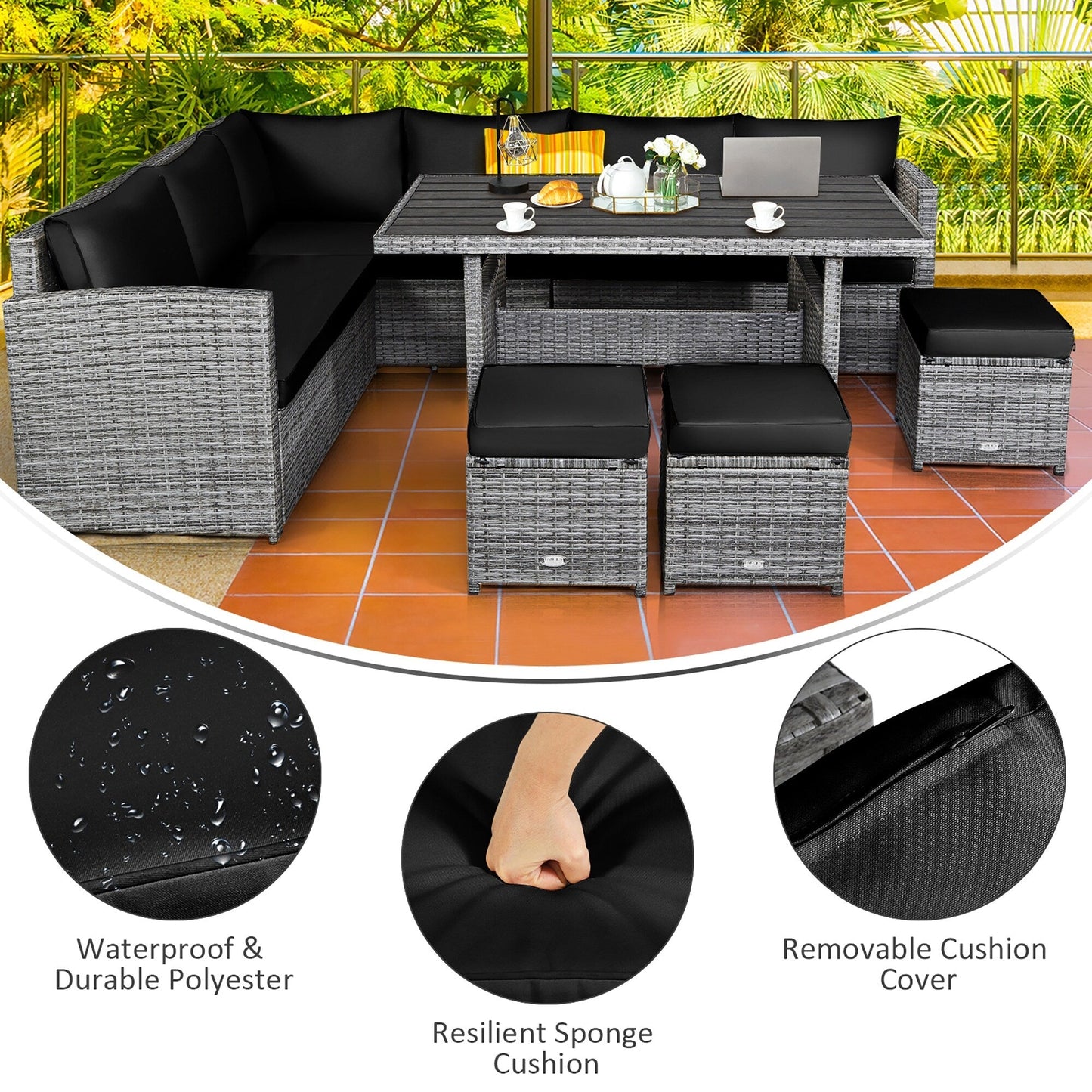Ensemble de meubles de jardin en rotin Costway 7 pièces, canapé d'angle, pouf - Voir les détails