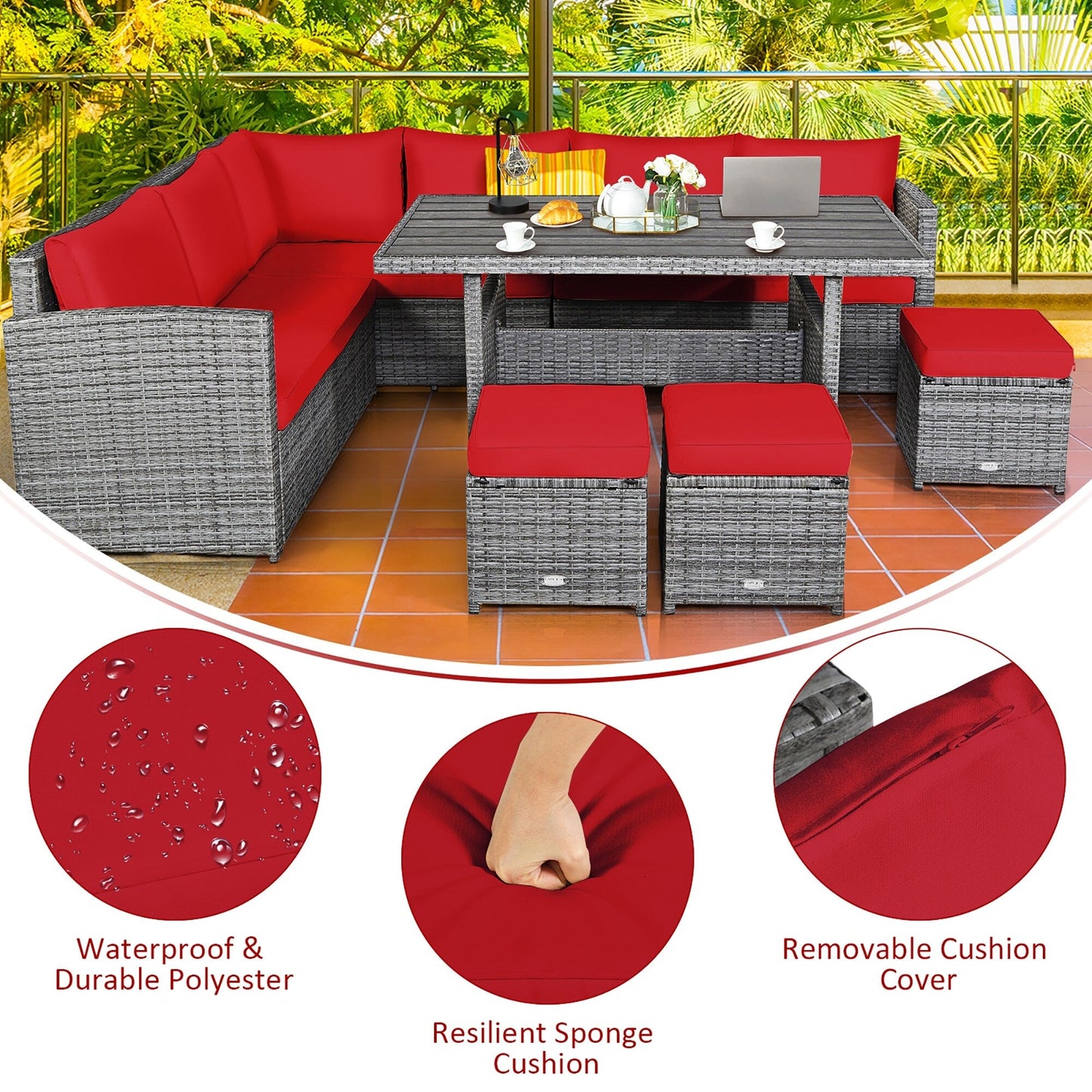 Ensemble de meubles de jardin en rotin Costway 7 pièces, canapé d'angle, pouf - Voir les détails