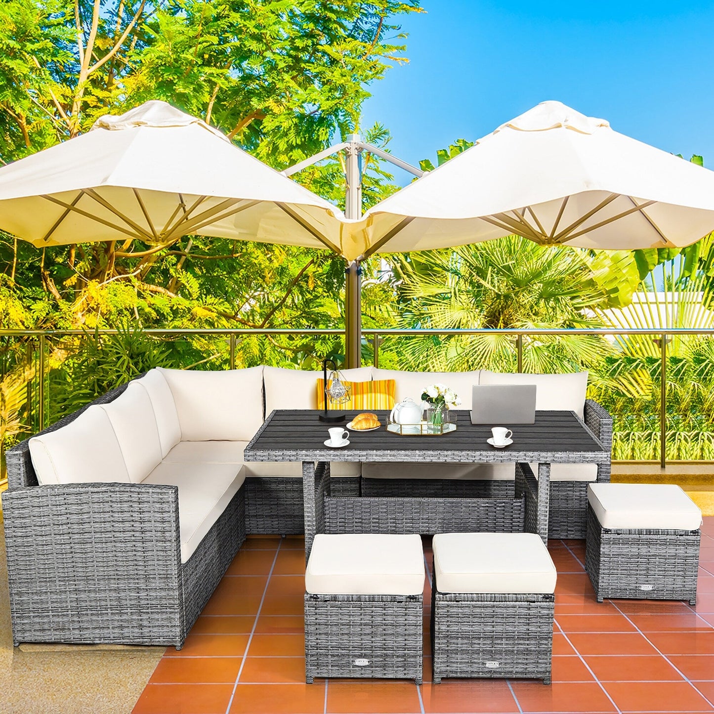 Ensemble de meubles de jardin en rotin Costway 7 pièces, canapé d'angle, pouf - Voir les détails