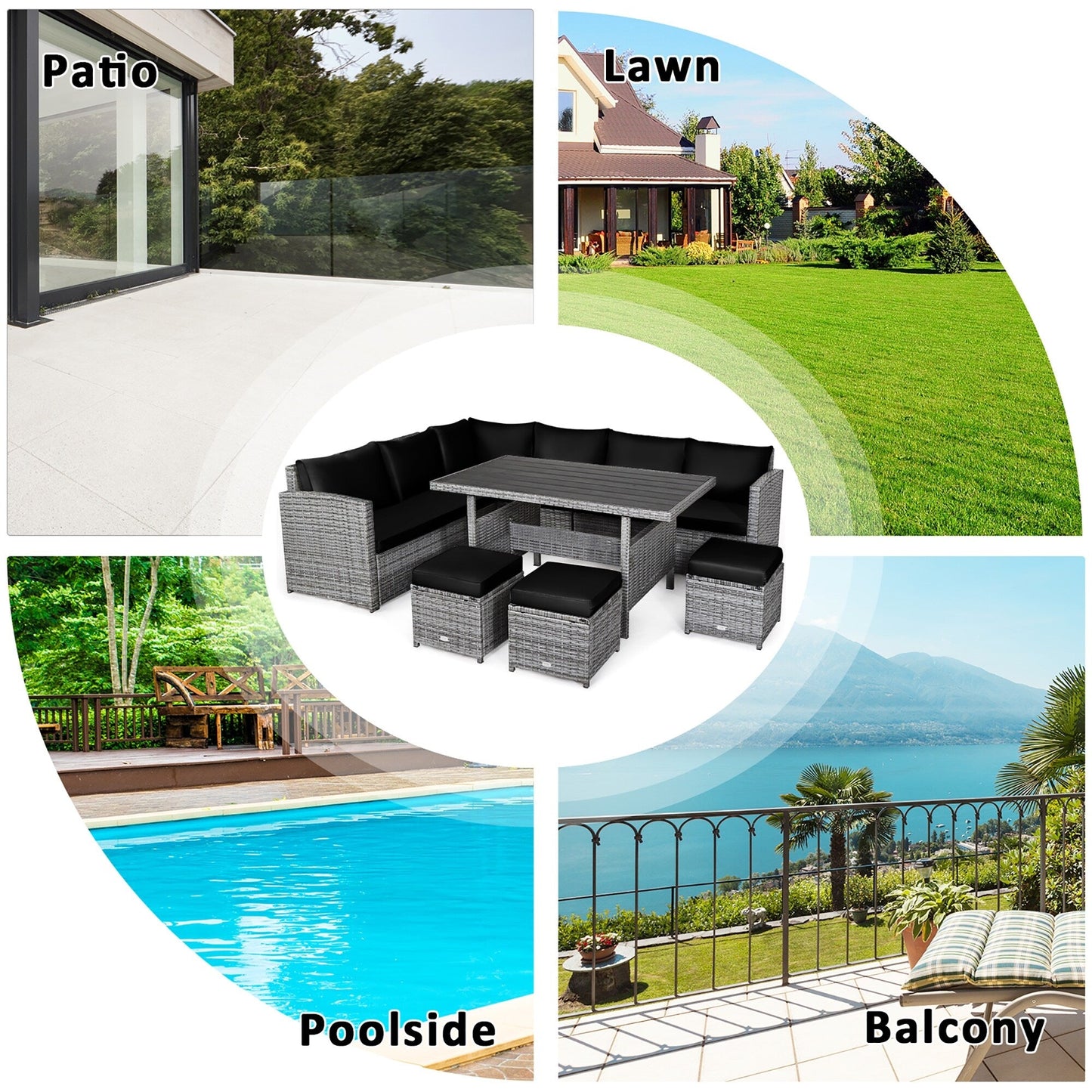 Ensemble de meubles de jardin en rotin Costway 7 pièces, canapé d'angle, pouf - Voir les détails