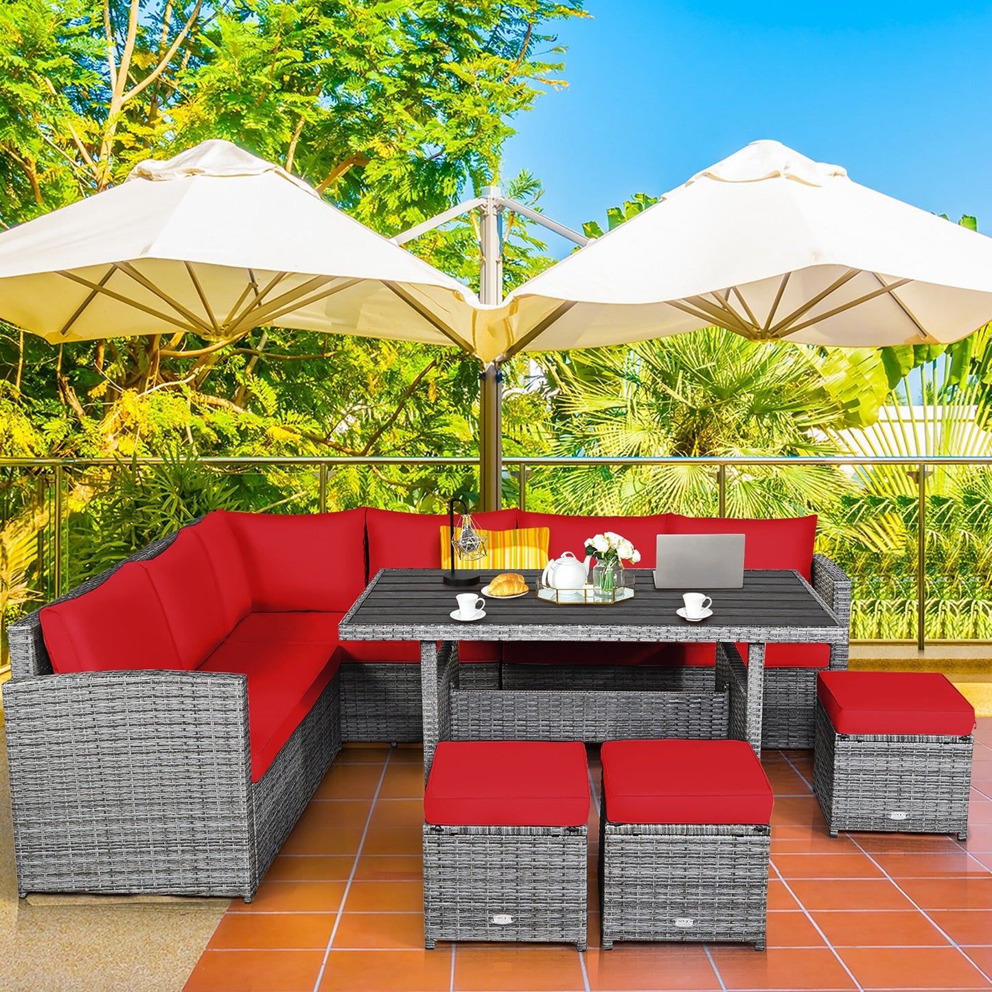 Ensemble de meubles de jardin en rotin Costway 7 pièces, canapé d'angle, pouf - Voir les détails