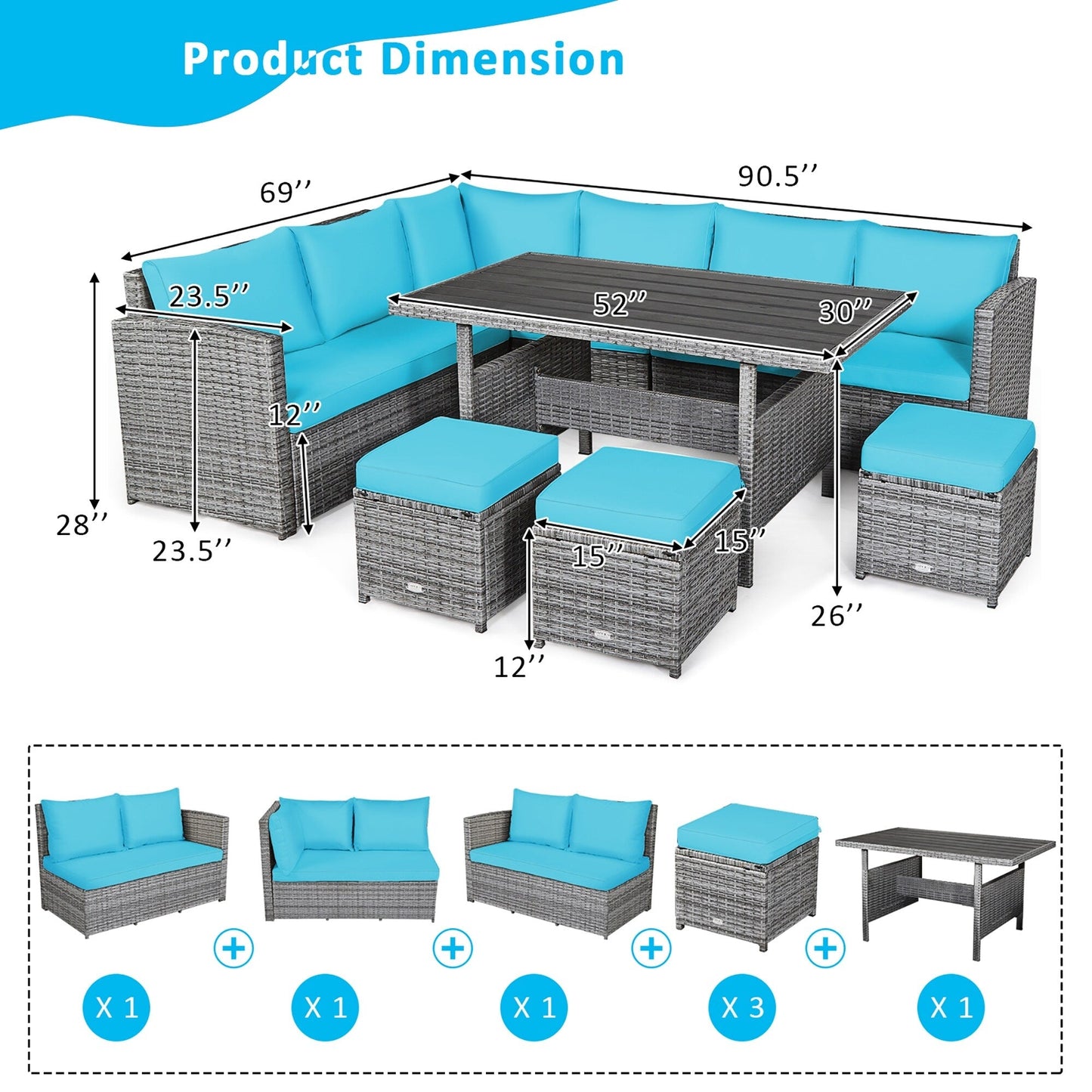 Ensemble de meubles de jardin en rotin Costway 7 pièces, canapé d'angle, pouf - Voir les détails