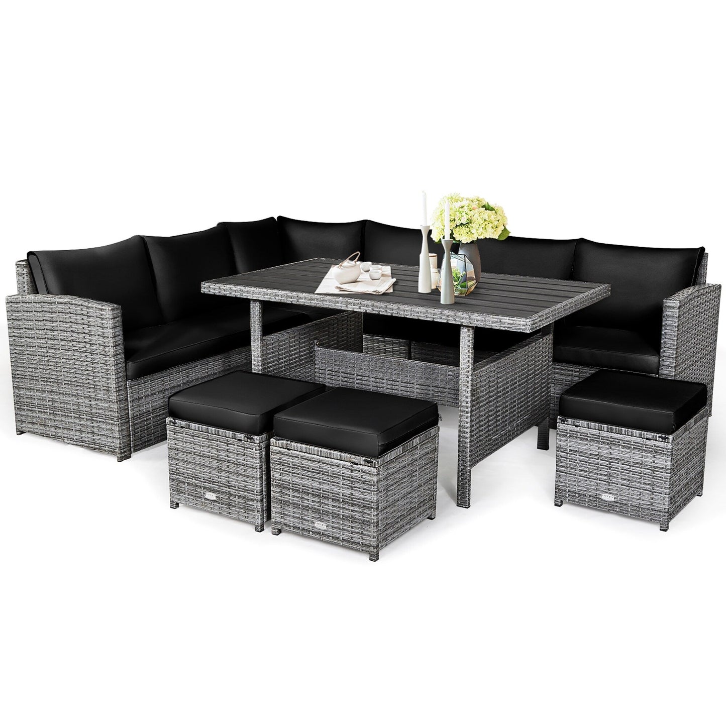 Ensemble de meubles de jardin en rotin Costway 7 pièces, canapé d'angle, pouf - Voir les détails