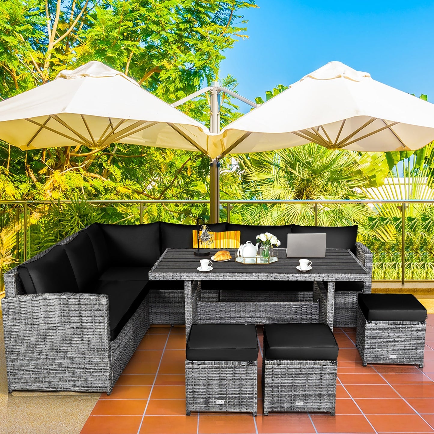 Ensemble de meubles de jardin en rotin Costway 7 pièces, canapé d'angle, pouf - Voir les détails
