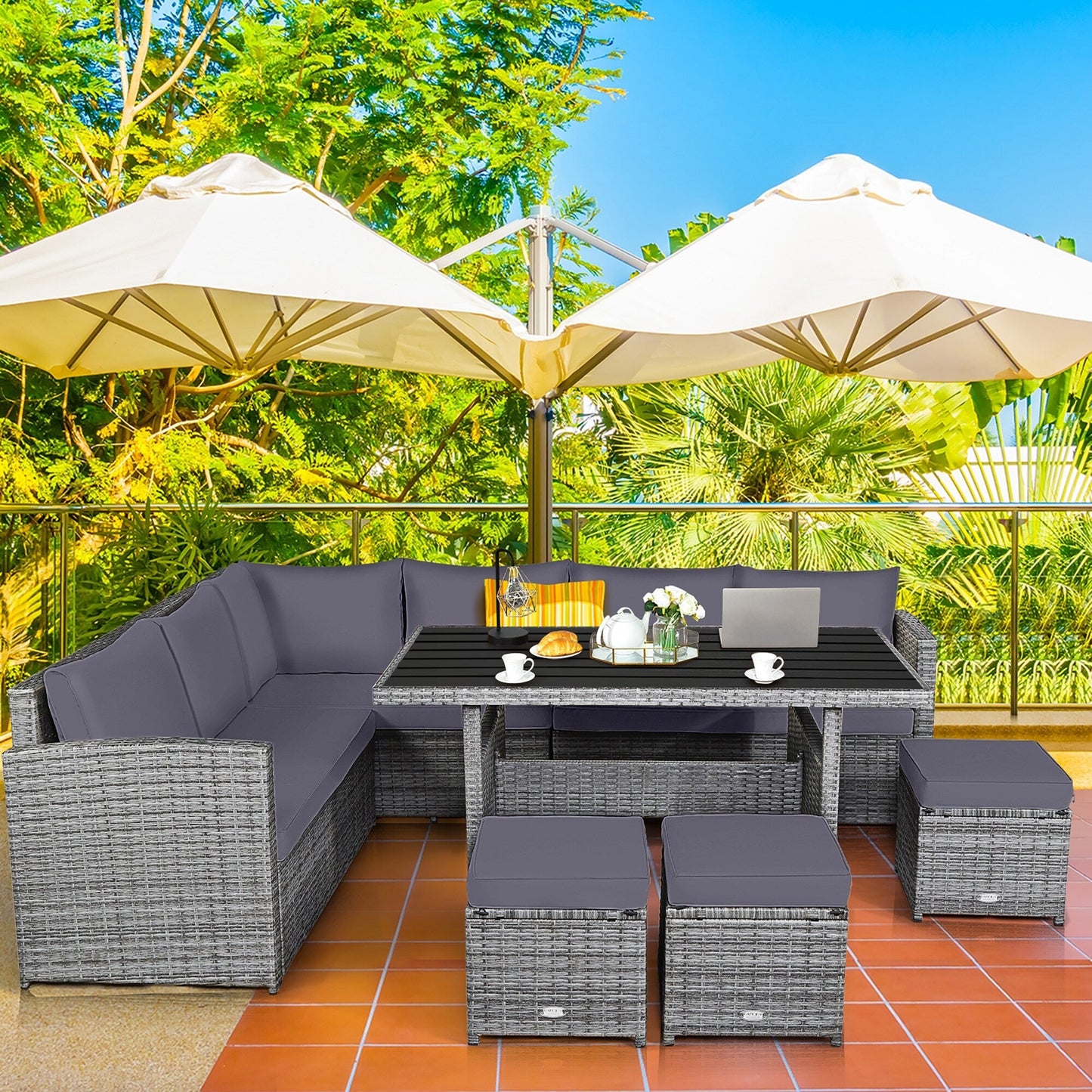Ensemble de meubles de jardin en rotin Costway 7 pièces, canapé d'angle, pouf - Voir les détails