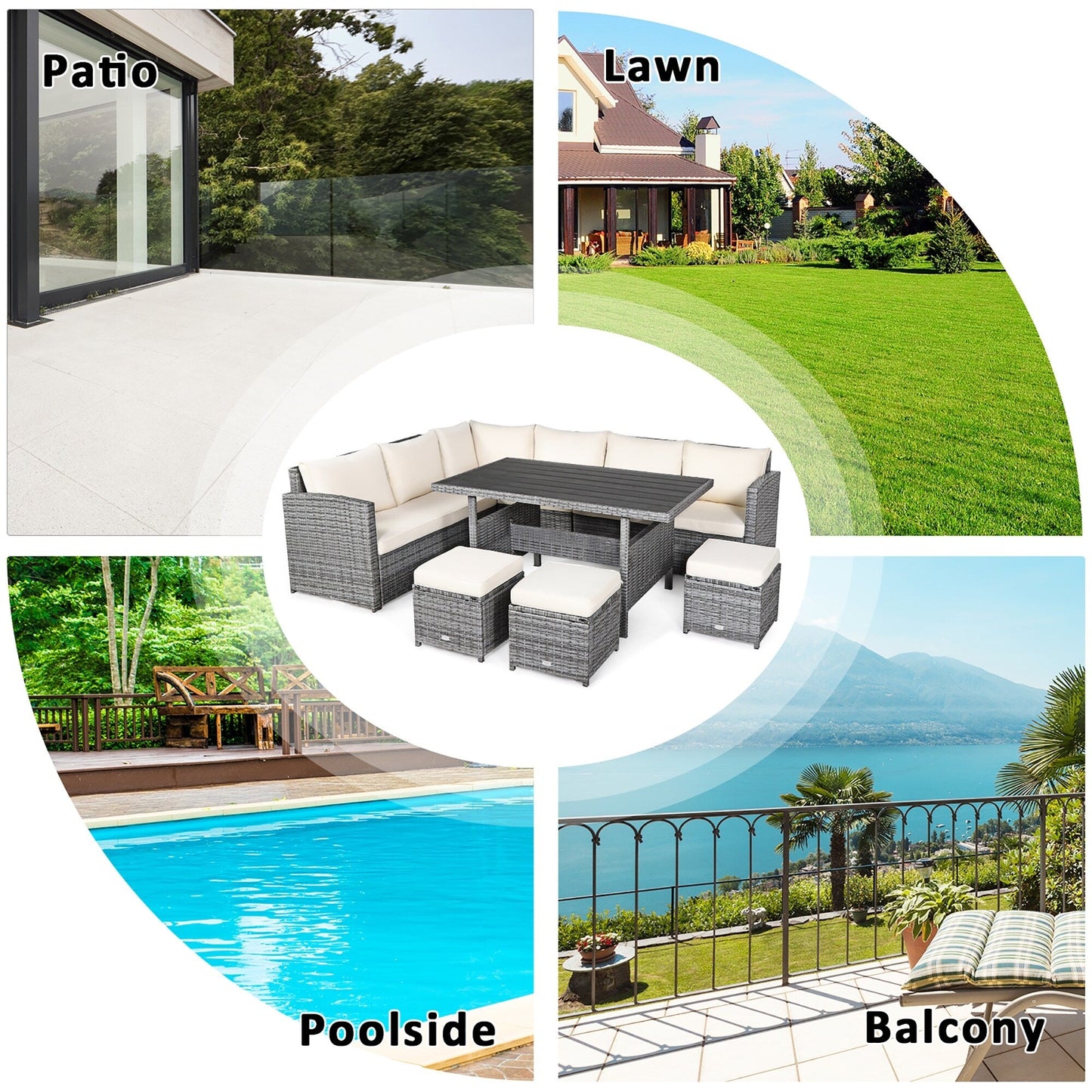 Ensemble de meubles de jardin en rotin Costway 7 pièces, canapé d'angle, pouf - Voir les détails