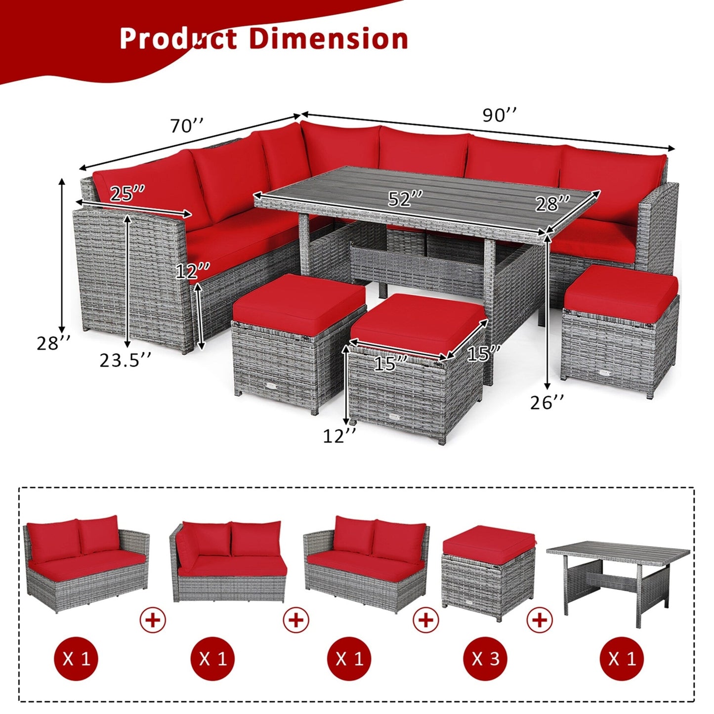 Ensemble de meubles de jardin en rotin Costway 7 pièces, canapé d'angle, pouf - Voir les détails
