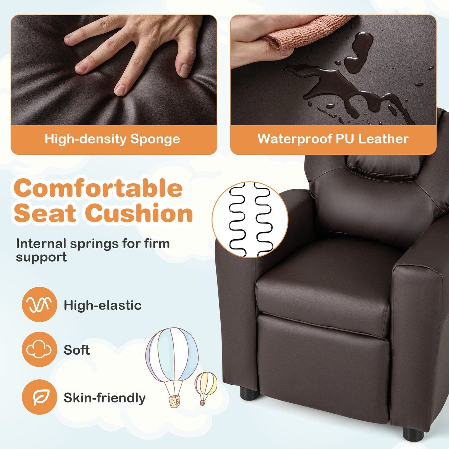 Costway Fauteuil Reclinable pour Enfants avec Porte-Gobelets, Poche Latérale et Réglable