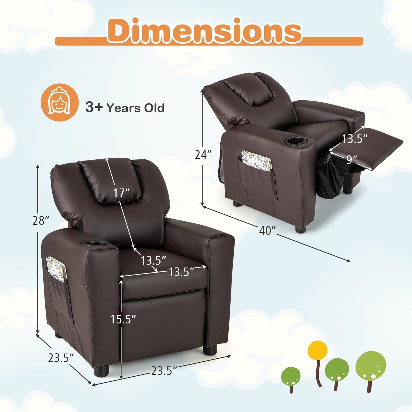 Costway Fauteuil Reclinable pour Enfants avec Porte-Gobelets, Poche Latérale et Réglable