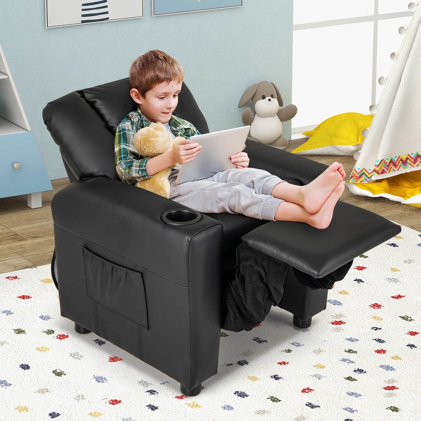 Costway Fauteuil Reclinable pour Enfants avec Porte-Gobelets, Poche Latérale et Réglable