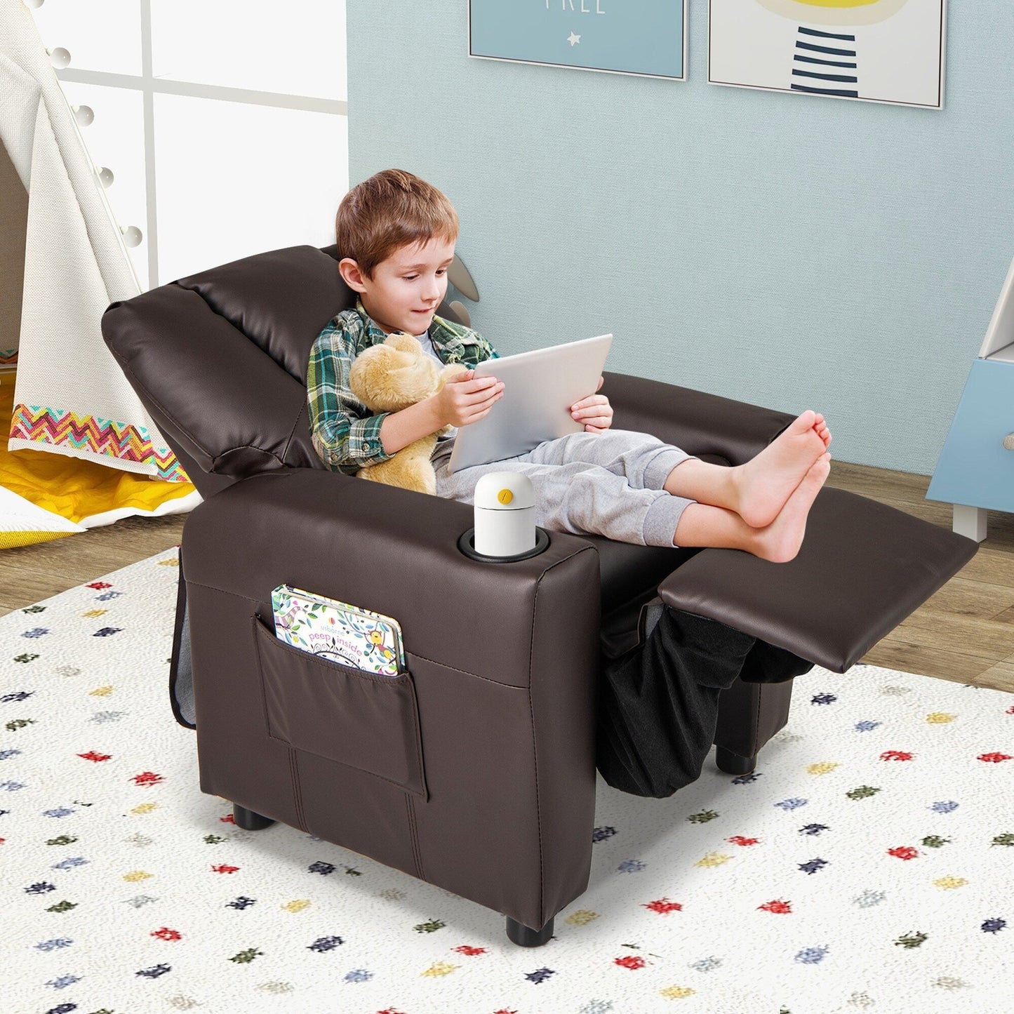 Costway Fauteuil Reclinable pour Enfants avec Porte-Gobelets, Poche Latérale et Réglable