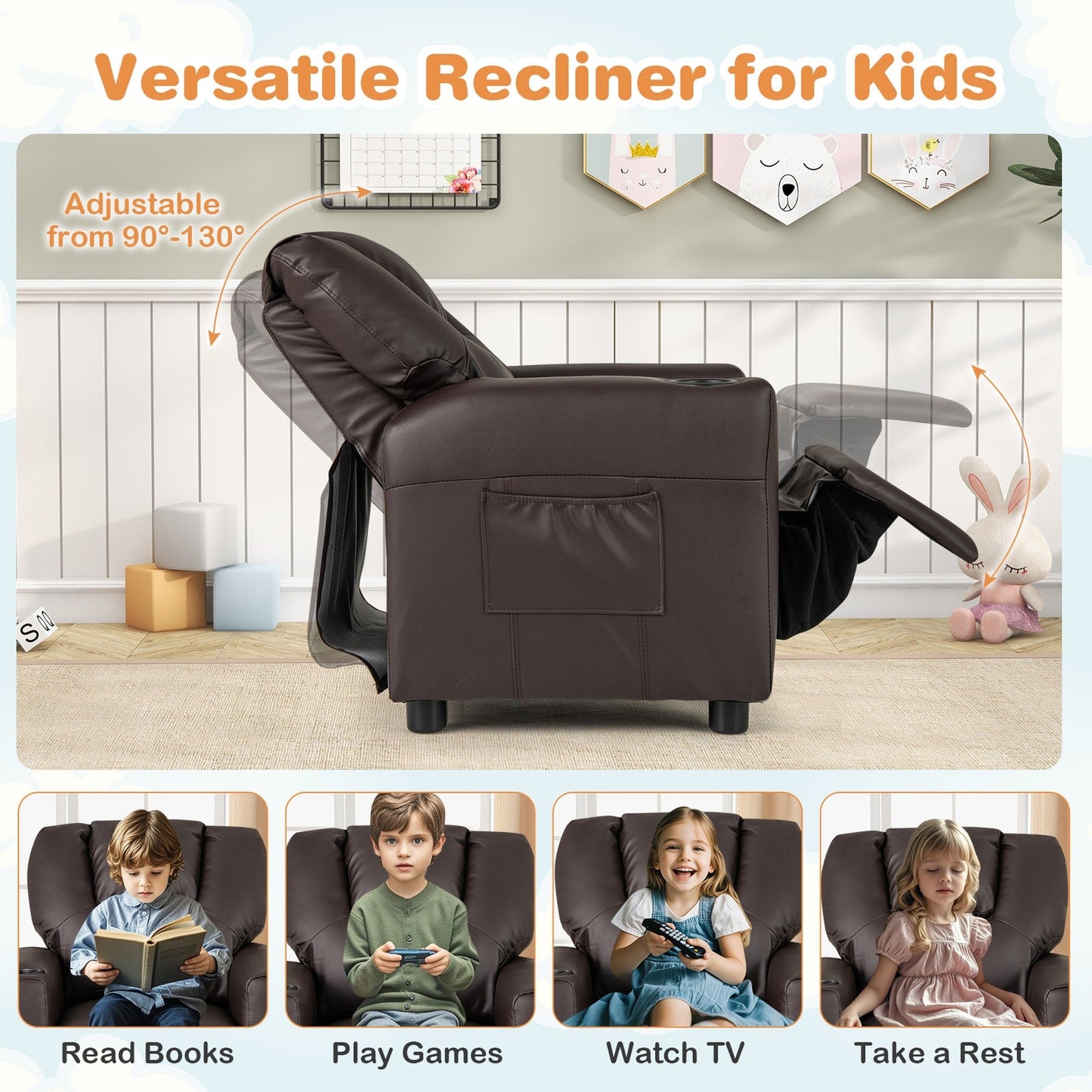 Costway Fauteuil Reclinable pour Enfants avec Porte-Gobelets, Poche Latérale et Réglable