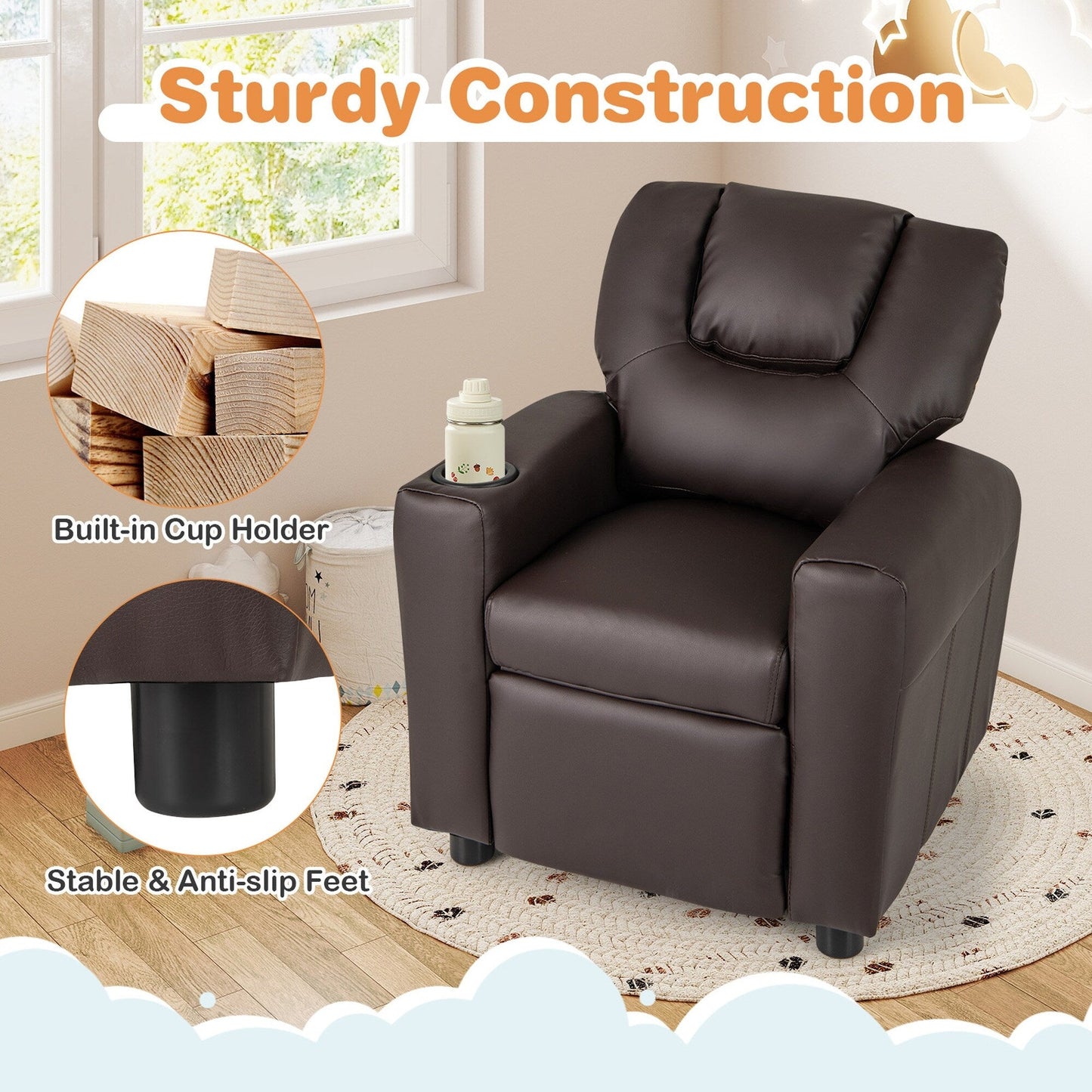 Costway Fauteuil Reclinable pour Enfants avec Porte-Gobelets, Poche Latérale et Réglable