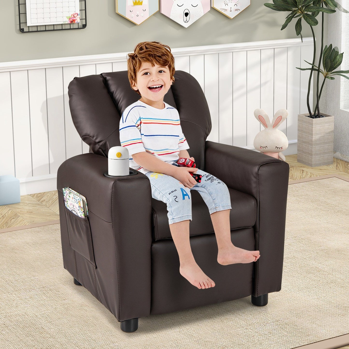 Costway Fauteuil Reclinable pour Enfants avec Porte-Gobelets, Poche Latérale et Réglable