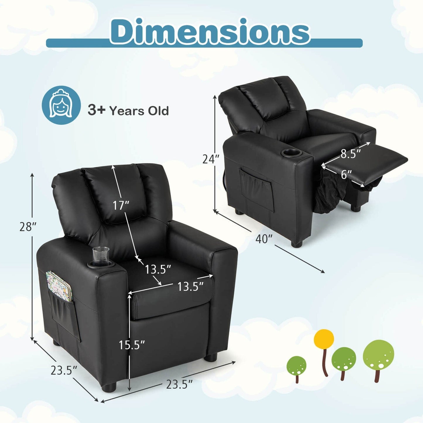 Costway Fauteuil Reclinable pour Enfants avec Porte-Gobelets, Poche Latérale et Réglable