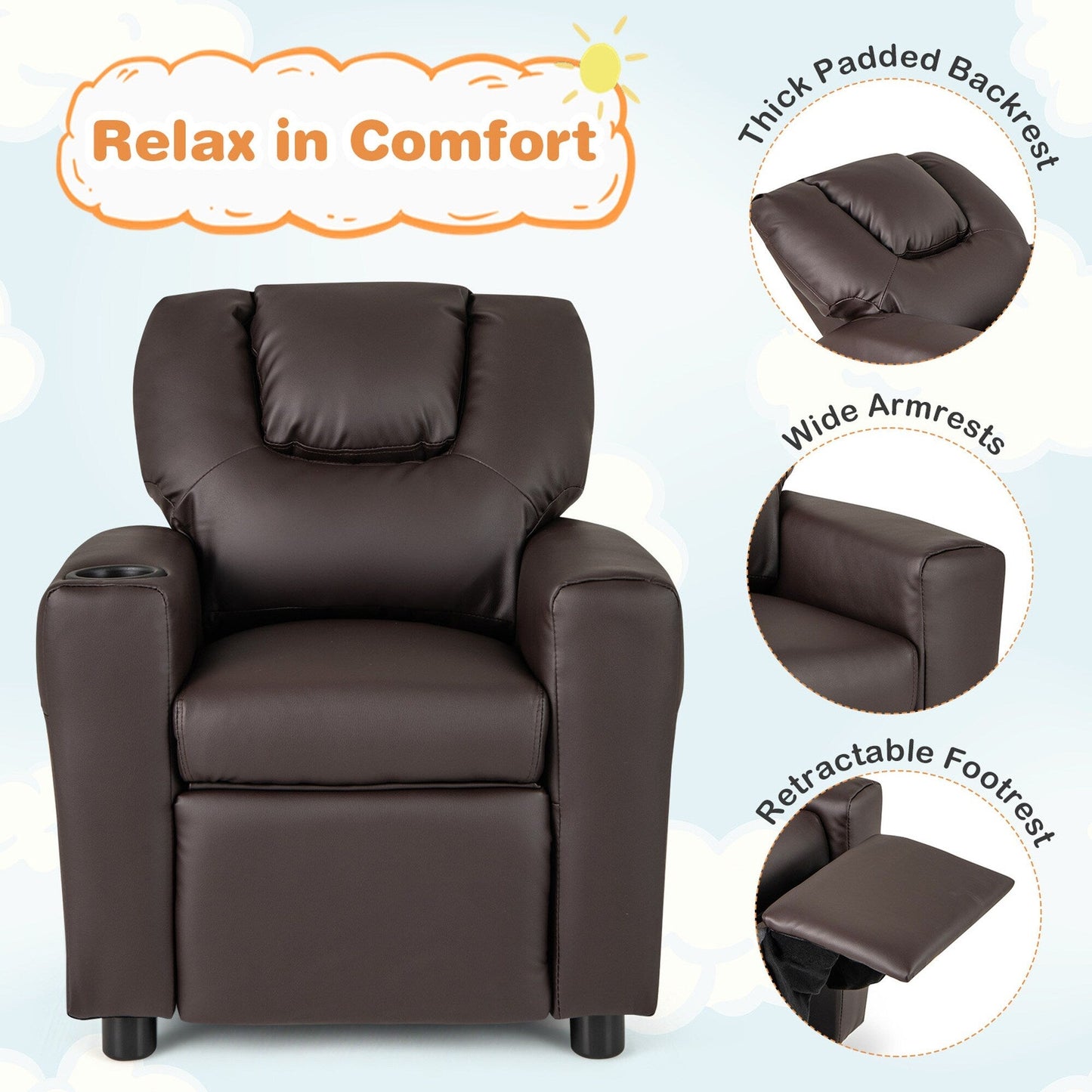 Costway Fauteuil Reclinable pour Enfants avec Porte-Gobelets, Poche Latérale et Réglable