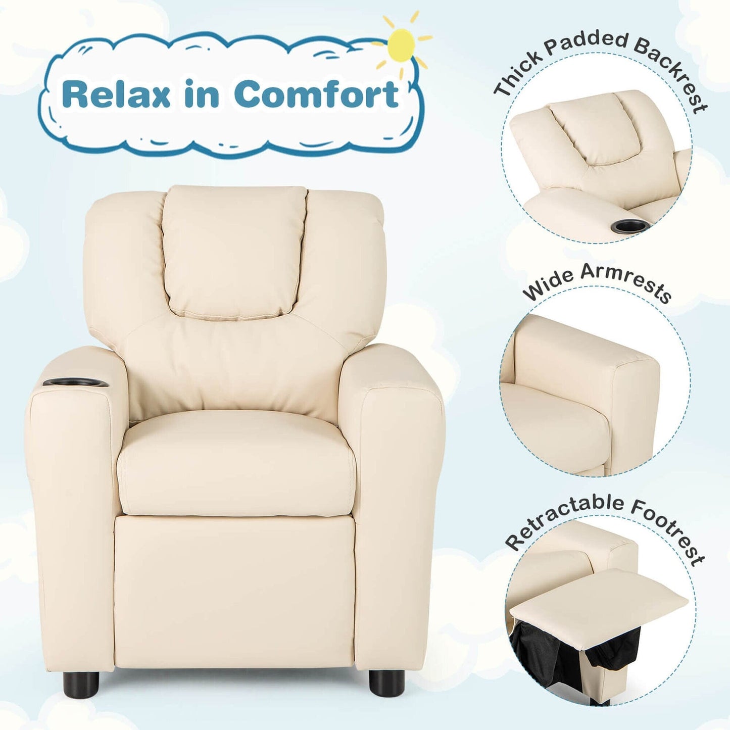 Costway Fauteuil Reclinable pour Enfants avec Porte-Gobelets, Poche Latérale et Réglable