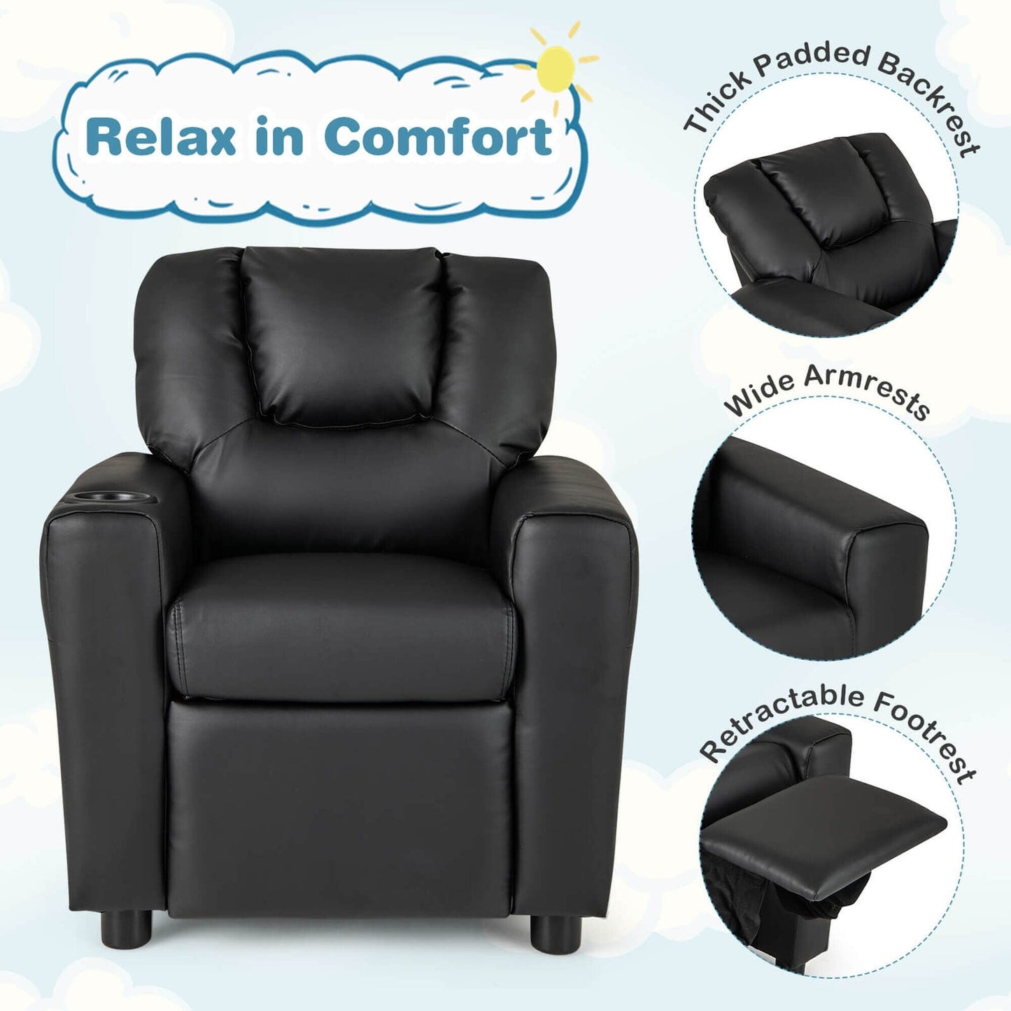 Costway Fauteuil Reclinable pour Enfants avec Porte-Gobelets, Poche Latérale et Réglable