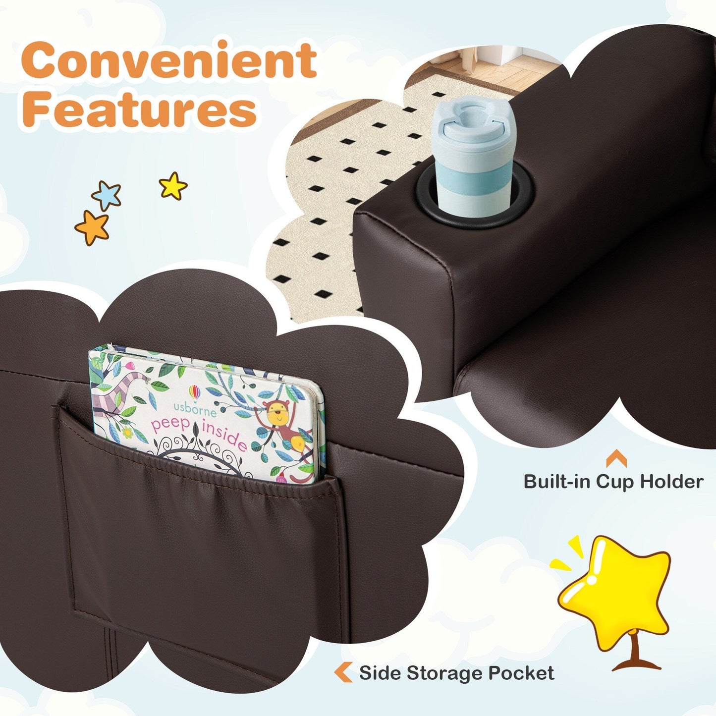 Costway Fauteuil Reclinable pour Enfants avec Porte-Gobelets, Poche Latérale et Réglable