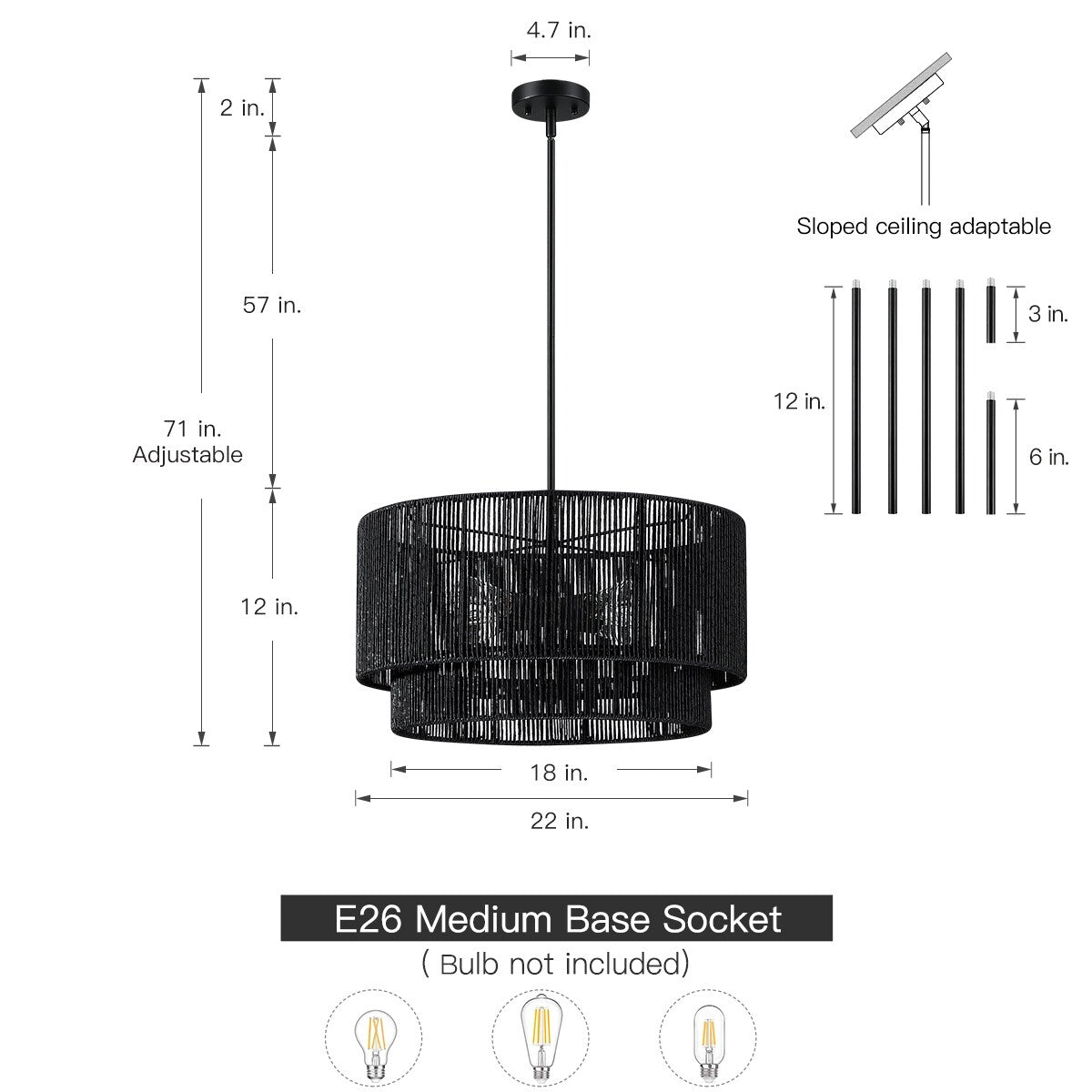 Luminaire suspendu à 4 lumières en rotin noir, modèle Cynthia - 56 cm de largeur