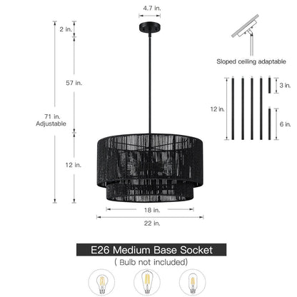 Luminaire suspendu à 4 lumières en rotin noir, modèle Cynthia - 56 cm de largeur