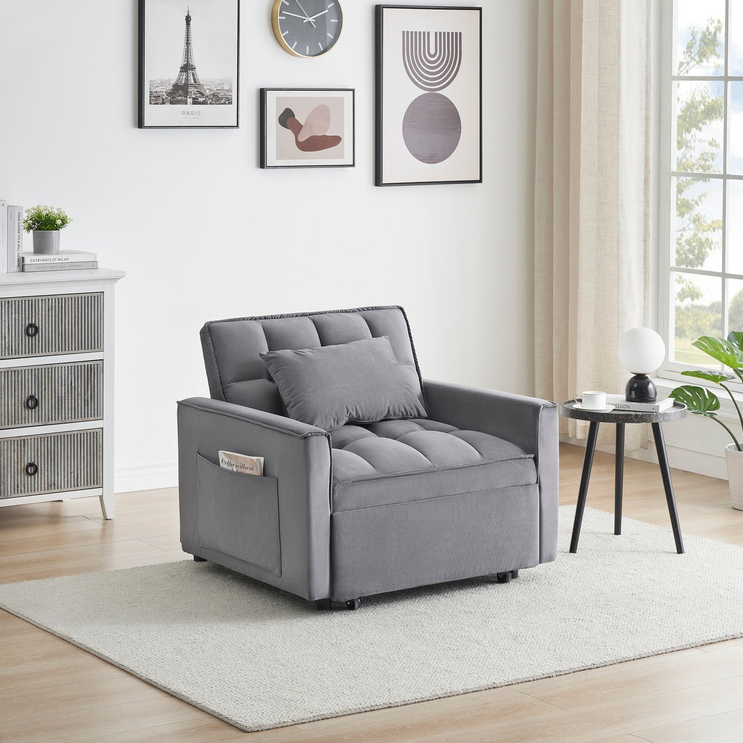 Canapé-lit convertible moderne gris foncé 70.86, 3 en 1, simple, avec dossier réglable et roulettes, pour salon.