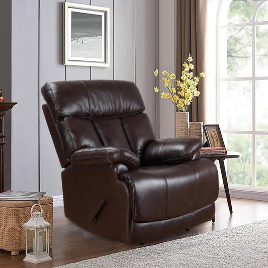 Davin Fauteuil inclinable manuel en cuir véritable, grain supérieur, marron, avec repose-pieds extensible.