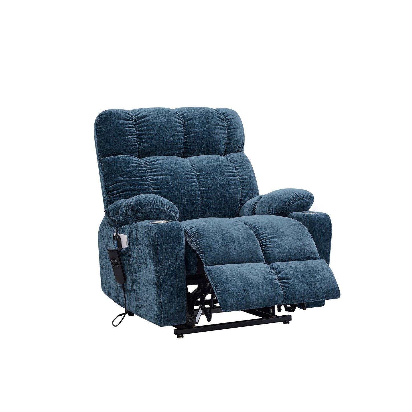 Fauteuil inclinable à double moteur OKIN pour personnes âgées avec chauffage, massage, position allongée à 180° et dossier/repose-pieds réglables.
