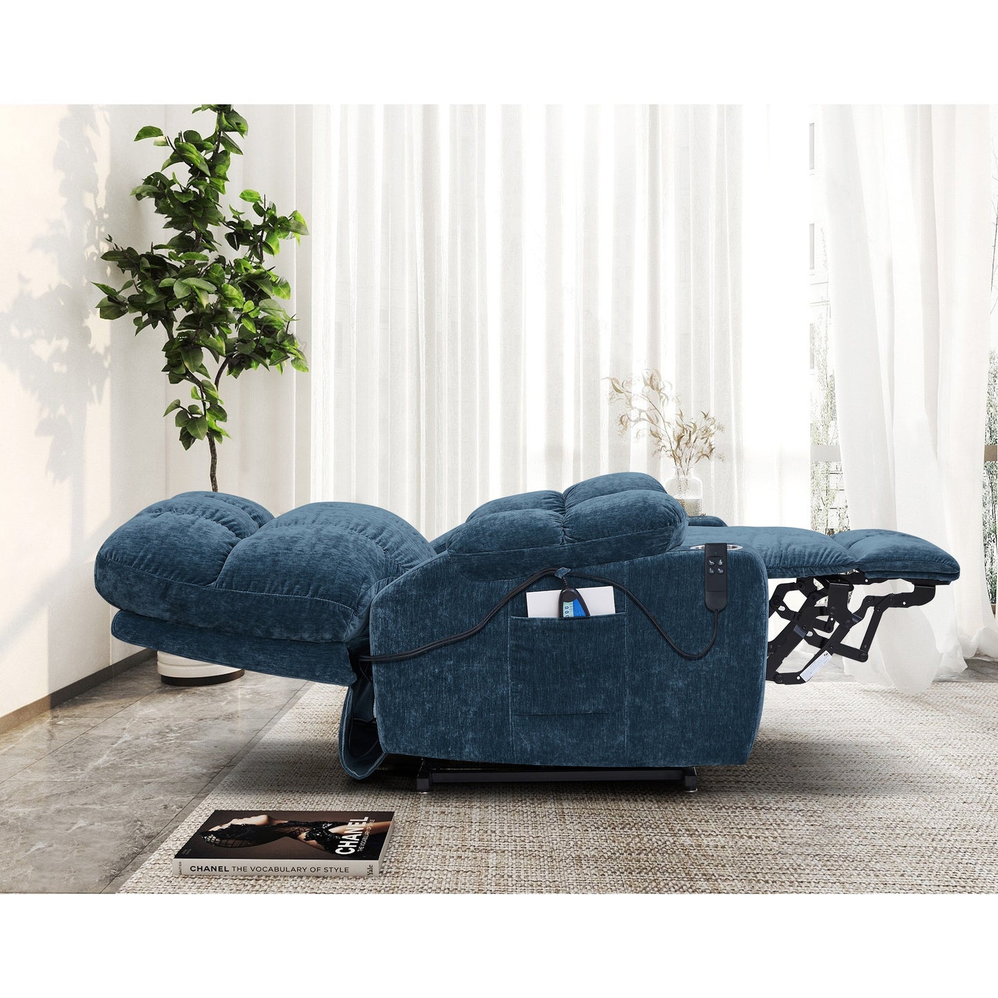 Fauteuil inclinable à double moteur OKIN pour personnes âgées avec chauffage, massage, position allongée à 180° et dossier/repose-pieds réglables.