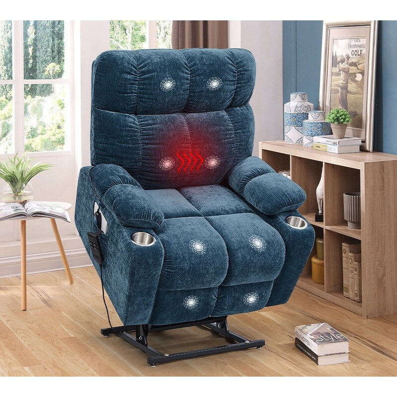 Fauteuil inclinable à double moteur OKIN pour personnes âgées avec chauffage, massage, position allongée à 180° et dossier/repose-pieds réglables.
