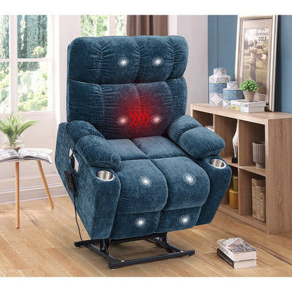 Fauteuil inclinable à double moteur OKIN pour personnes âgées avec chauffage, massage, position allongée à 180° et dossier/repose-pieds réglables.