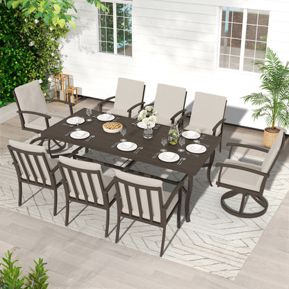 EGEIROS LIFE AluLux Ensemble de repas de patio en aluminium 9 pièces avec 2 chaises pivotantes, 6 chaises de repas et coussins lavables