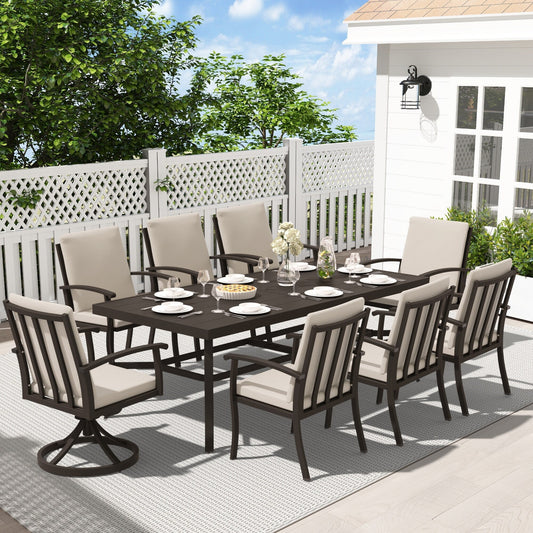 EGEIROS LIFE AluLux Ensemble de repas de patio en aluminium 9 pièces avec 2 chaises pivotantes, 6 chaises de repas et coussins lavables