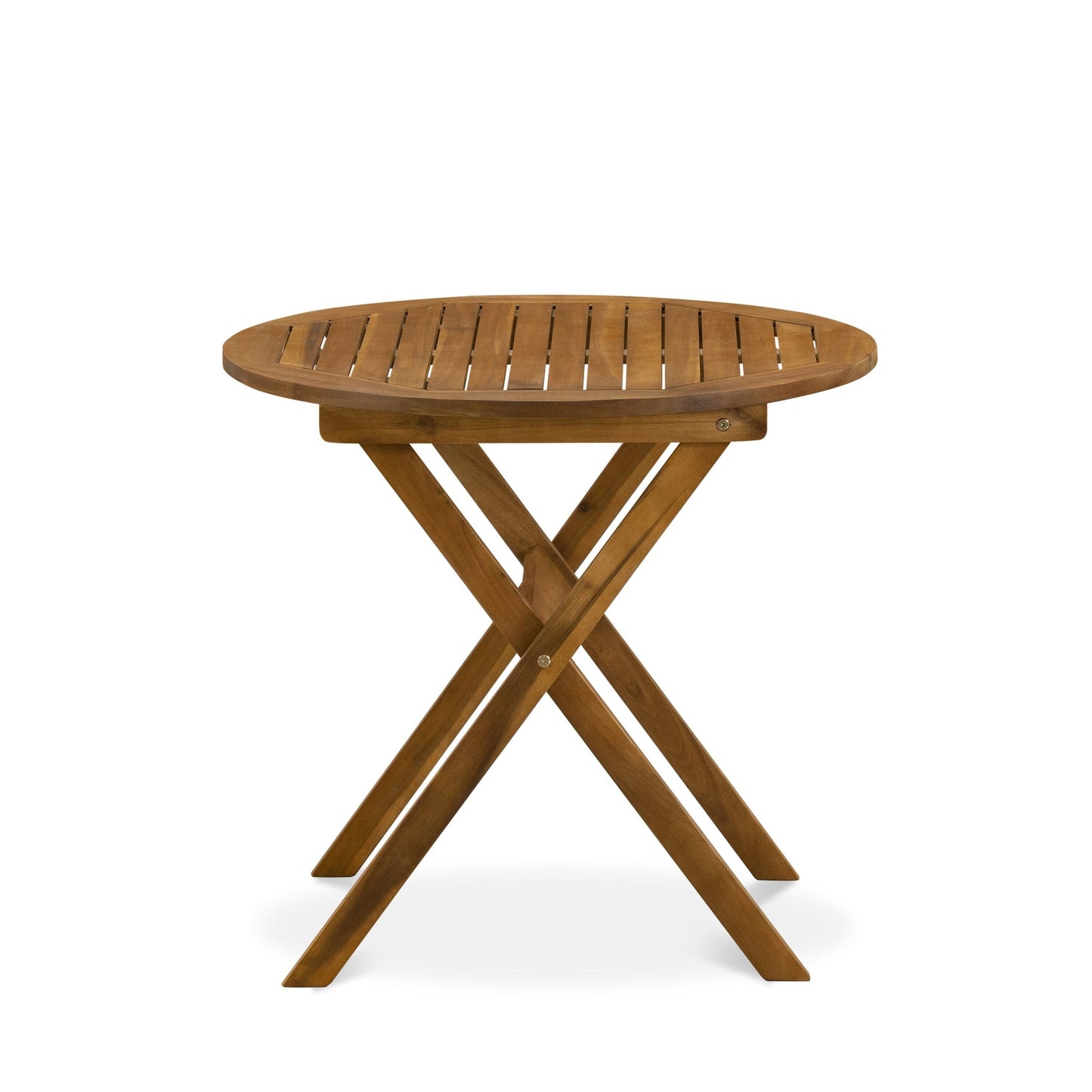 East West Furniture Ensemble de bistro d'extérieur pour conversation comprenant une table basse ronde en bois et 2 chaises latérales pliantes, finition naturelle huilée.