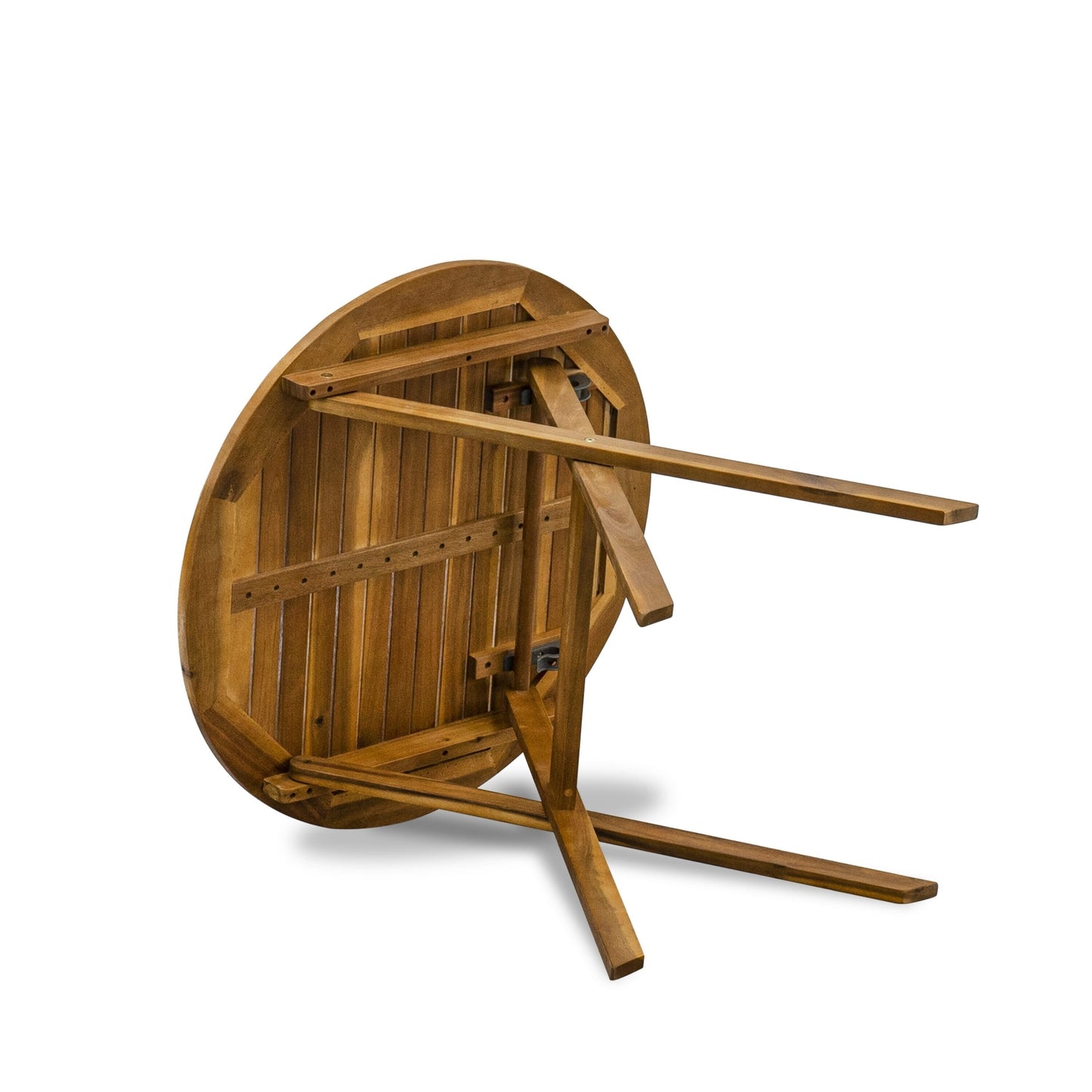 East West Furniture Ensemble de bistro d'extérieur pour conversation comprenant une table basse ronde en bois et 2 chaises latérales pliantes, finition naturelle huilée.