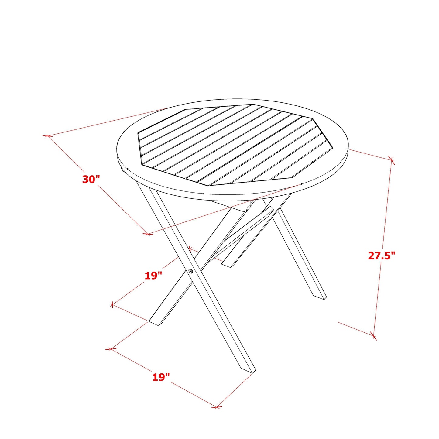 East West Furniture Ensemble de bistro d'extérieur pour conversation comprenant une table basse ronde en bois et 2 chaises latérales pliantes, finition naturelle huilée.