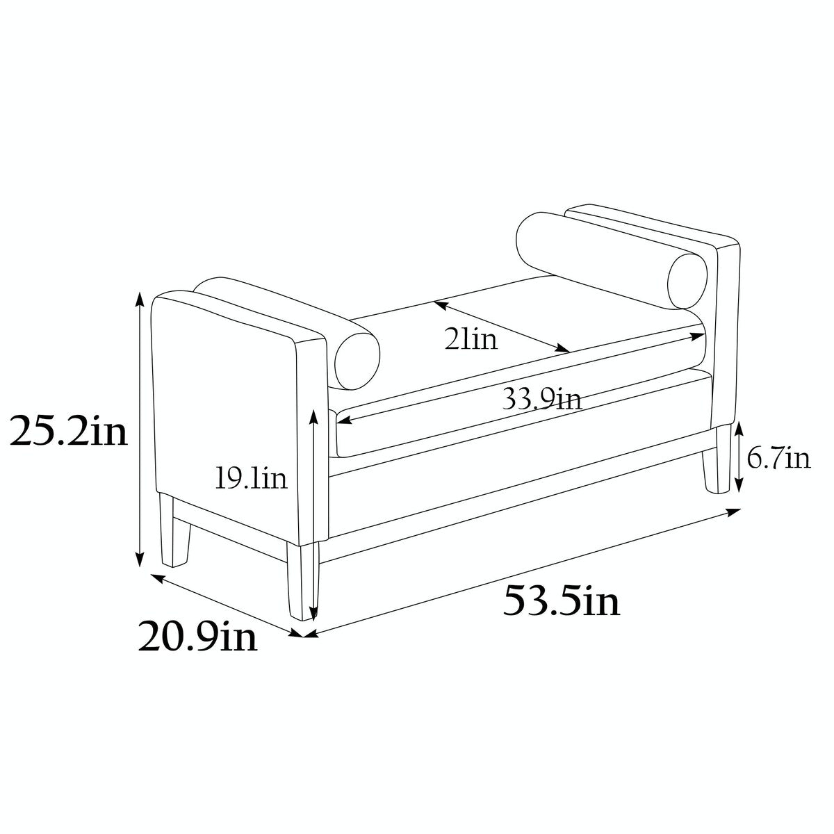 Tabouret-banc capitonné élégant de 53,5 pouces avec pieds en bois et coussins de soutien.